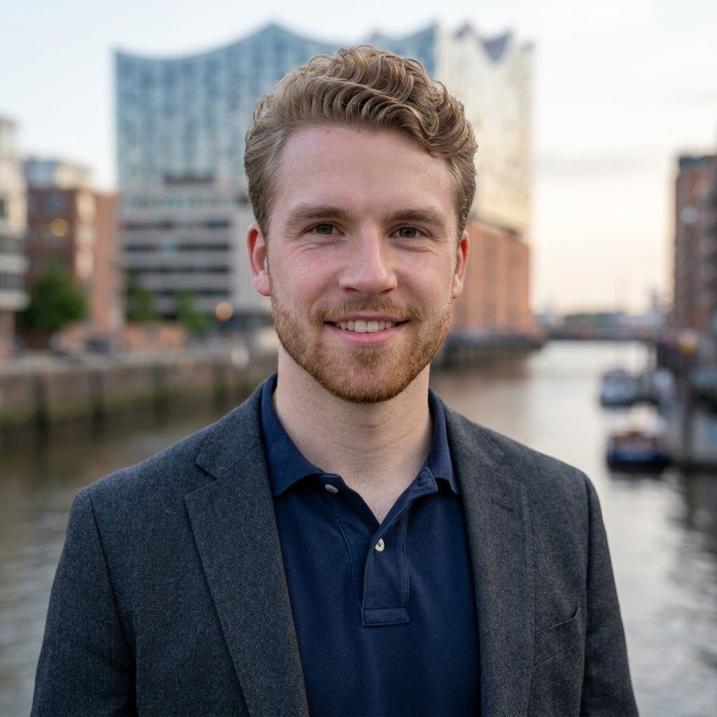 Tjorge Orlitz vor der Elbphilharmonie und dem Hamburger Hafen